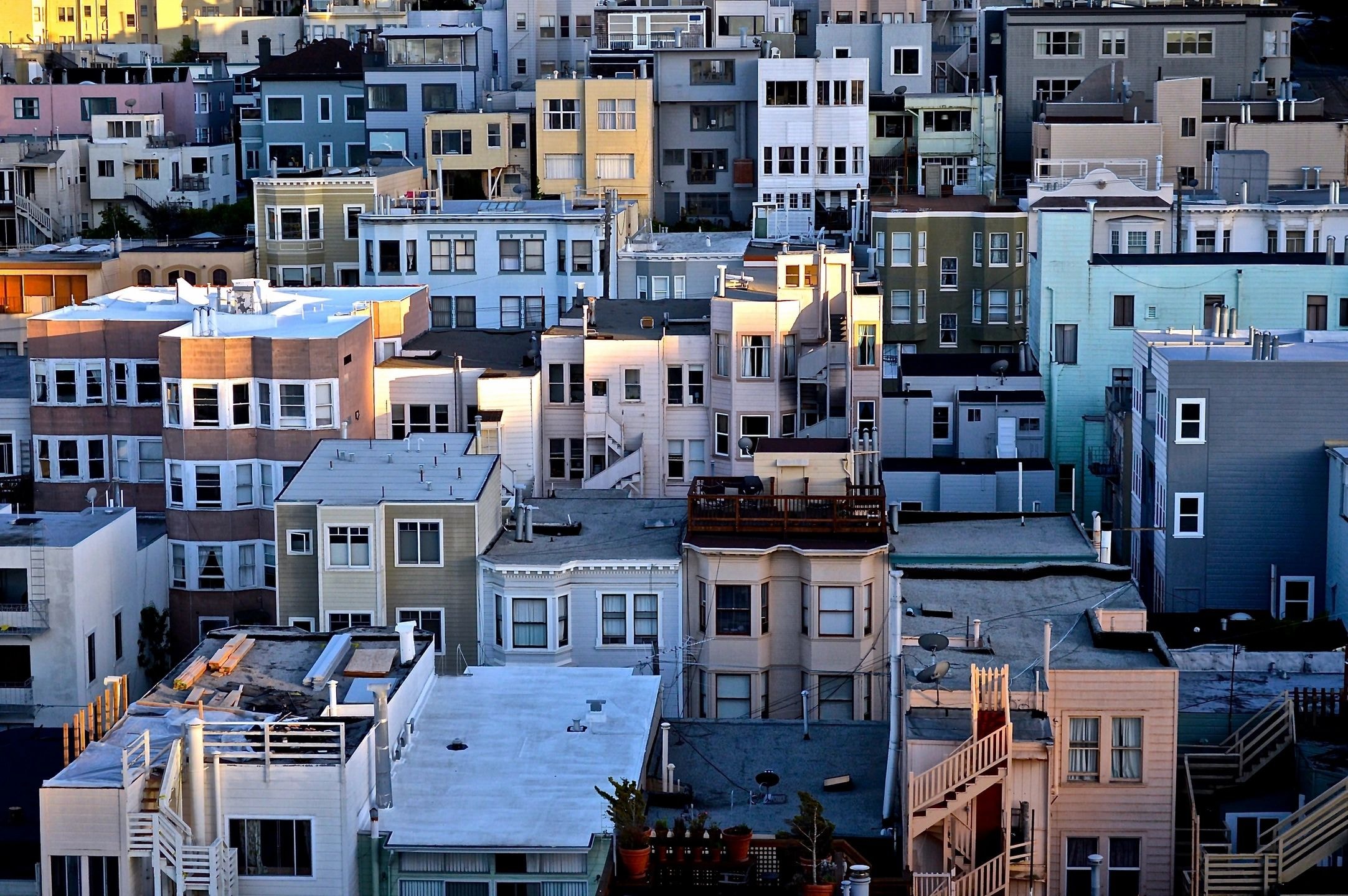 Aerial view of urban neighborhood with colorful buildings
